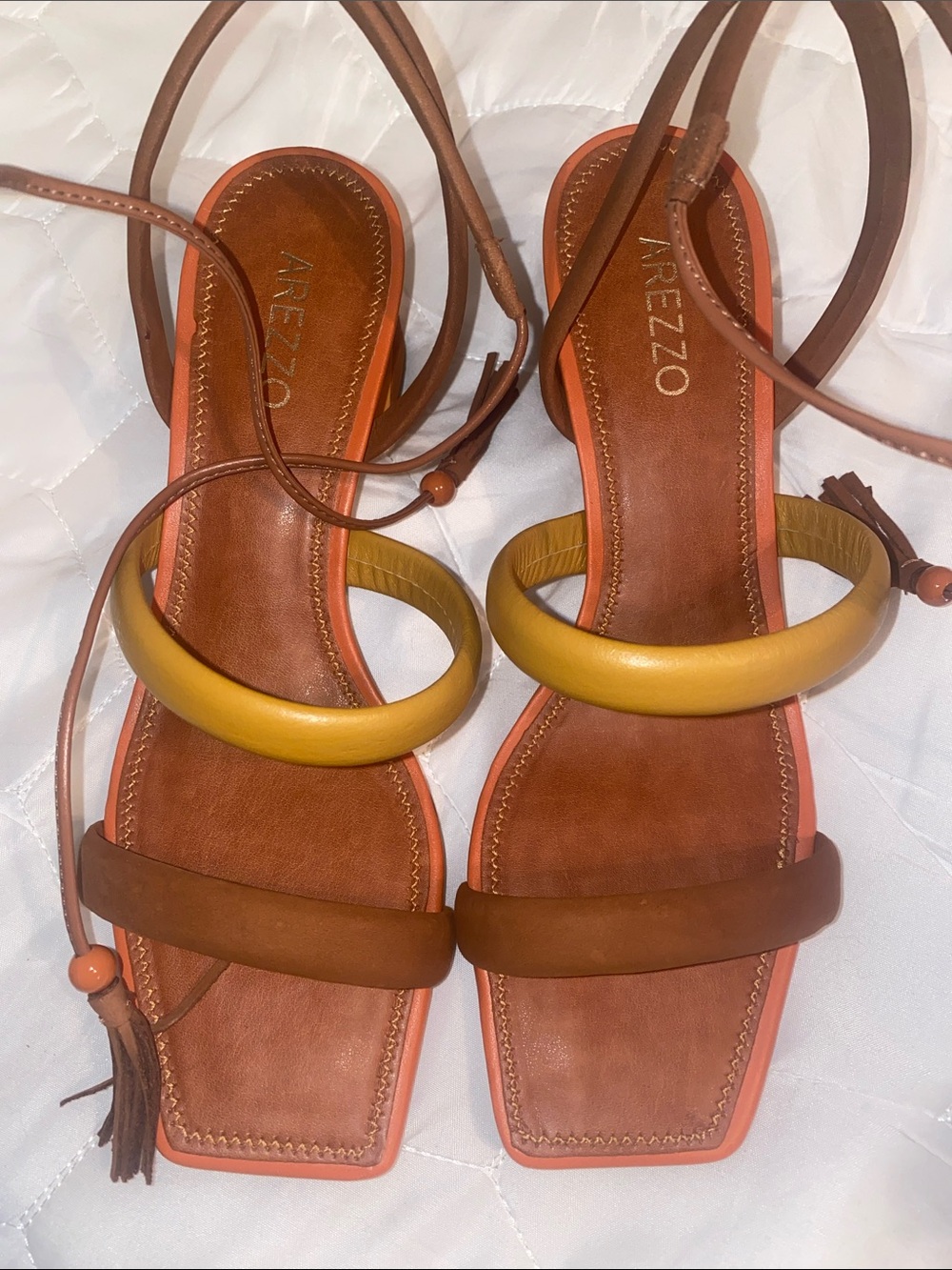 Arezzo orange, suede feel and  Leather Sandals with Yellow Accent